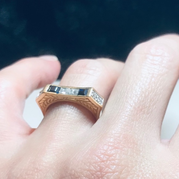 Solid 14K Yellow Gold Diamond & Sapphire Ring - Picture 15 of 16